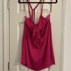 Dress mini fushia v neck criss cross straps back  gathered back ruffles front